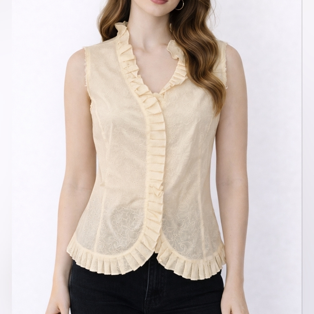 OSCAR DE LA RENTA Ivory Eyelet Ruffle Sleeveless Colonial Castlecore Blouse